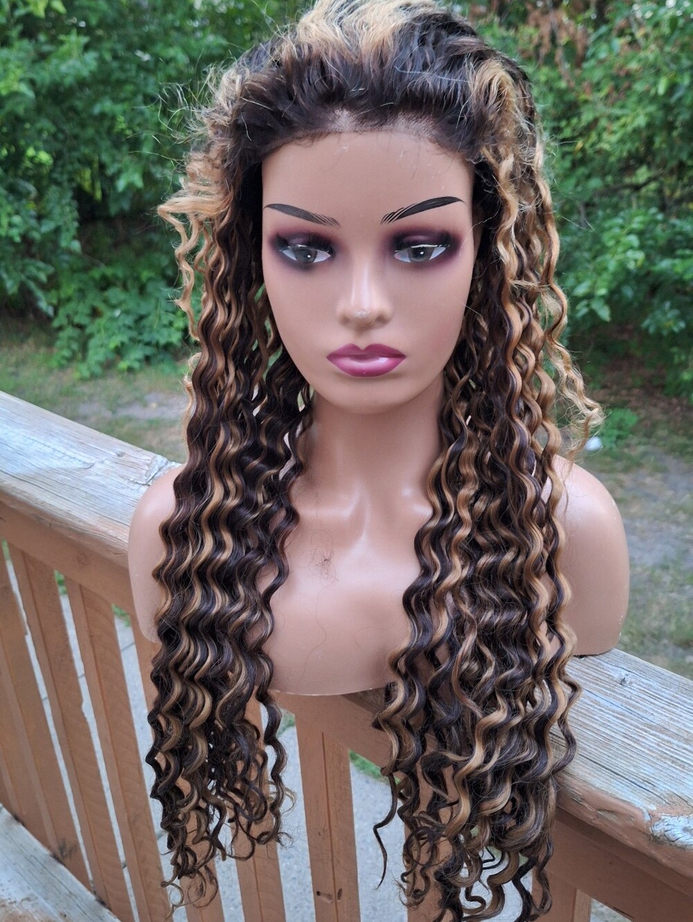 Deep Wave Lace Front Wig - Brown with Blonde Highlights. Human Hair Wig.
